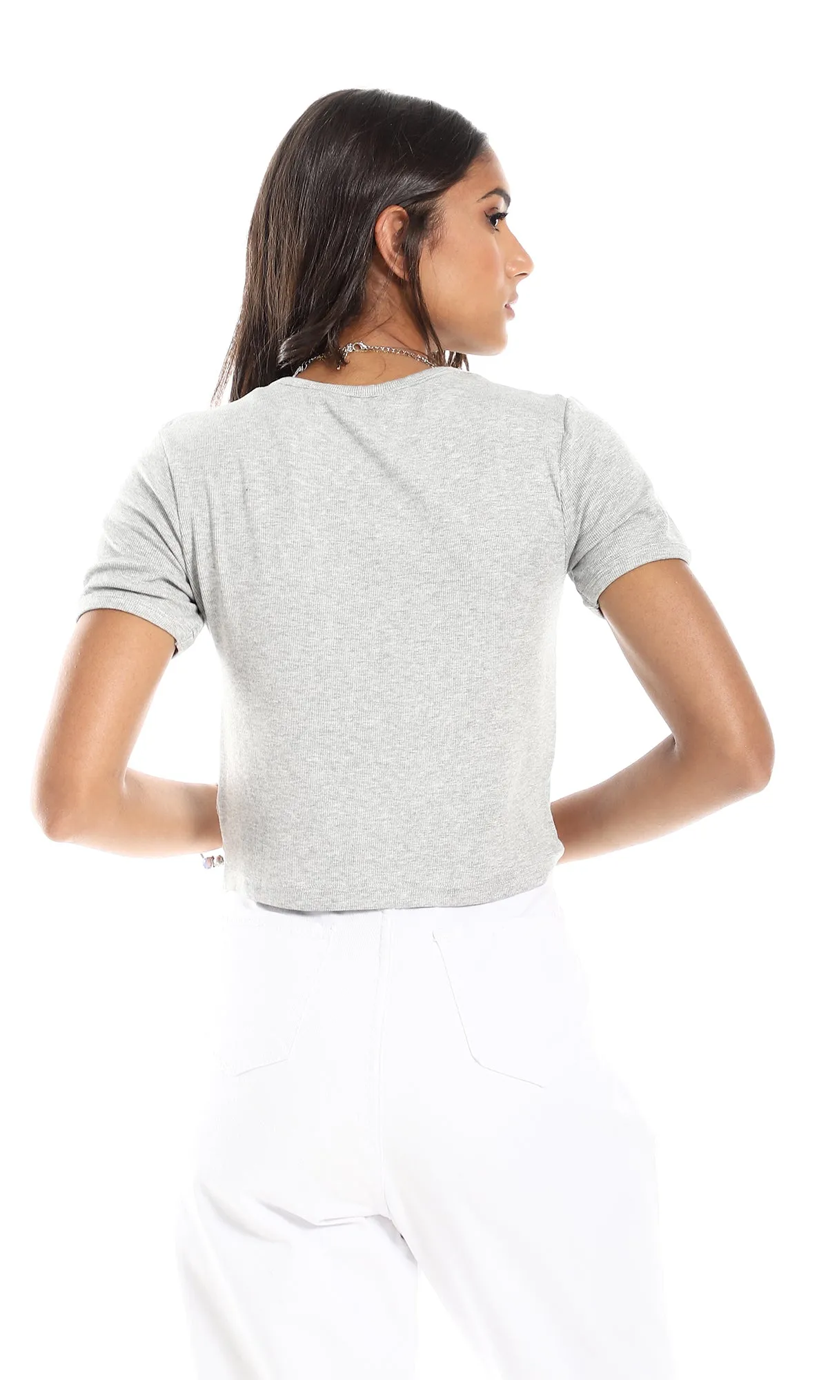 97188 Ribbed Round Neck Slip On Heather Grey Crop Top