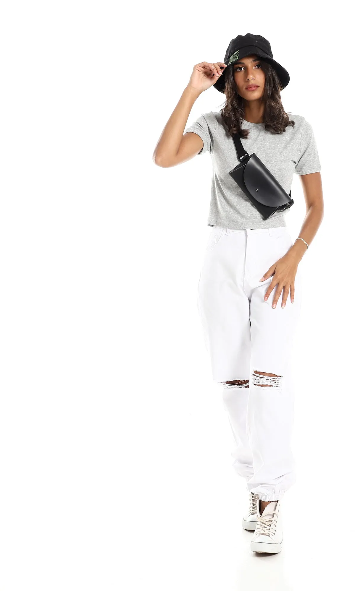97188 Ribbed Round Neck Slip On Heather Grey Crop Top