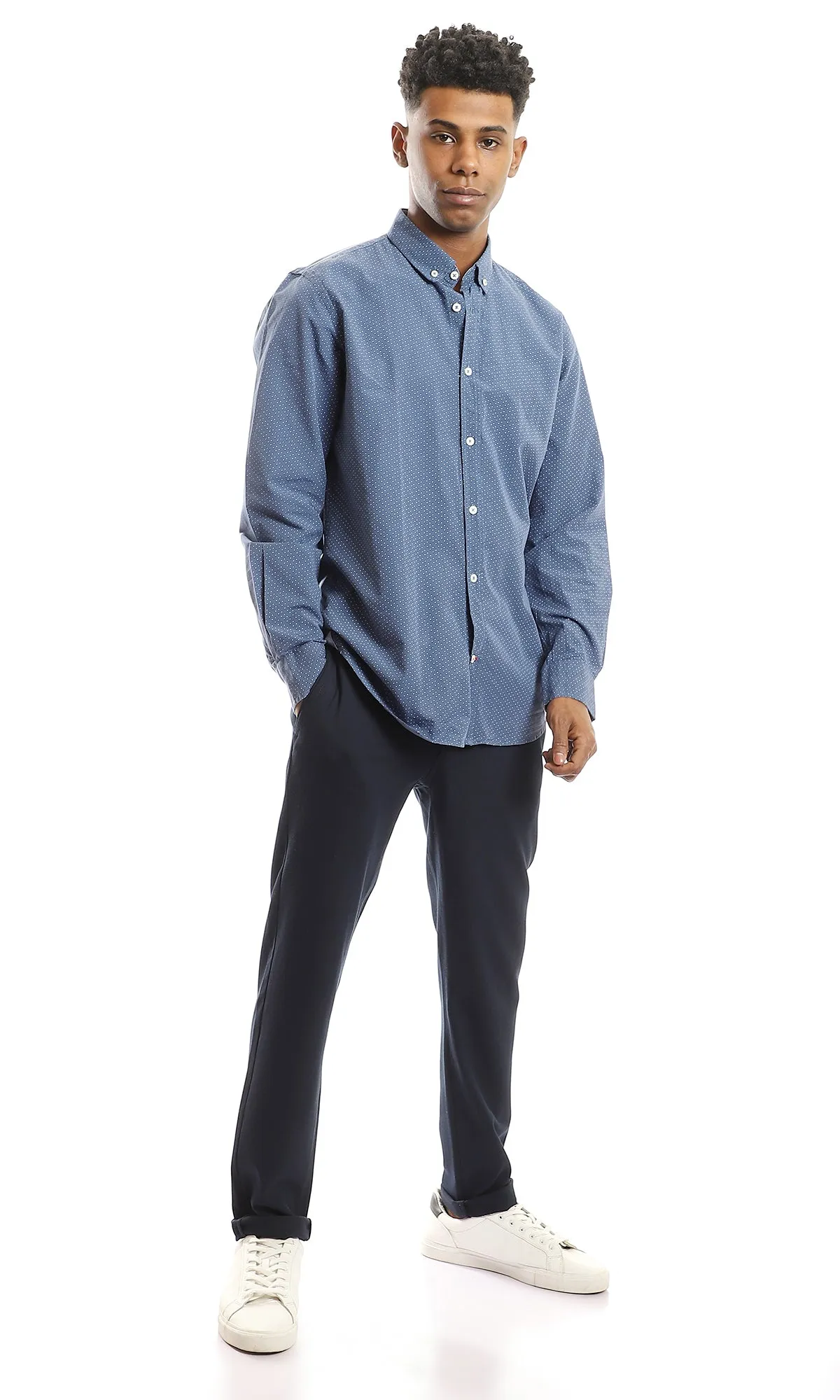 98174 Self Patterned Turn Down Collar Cotton Navy Blue Shirt