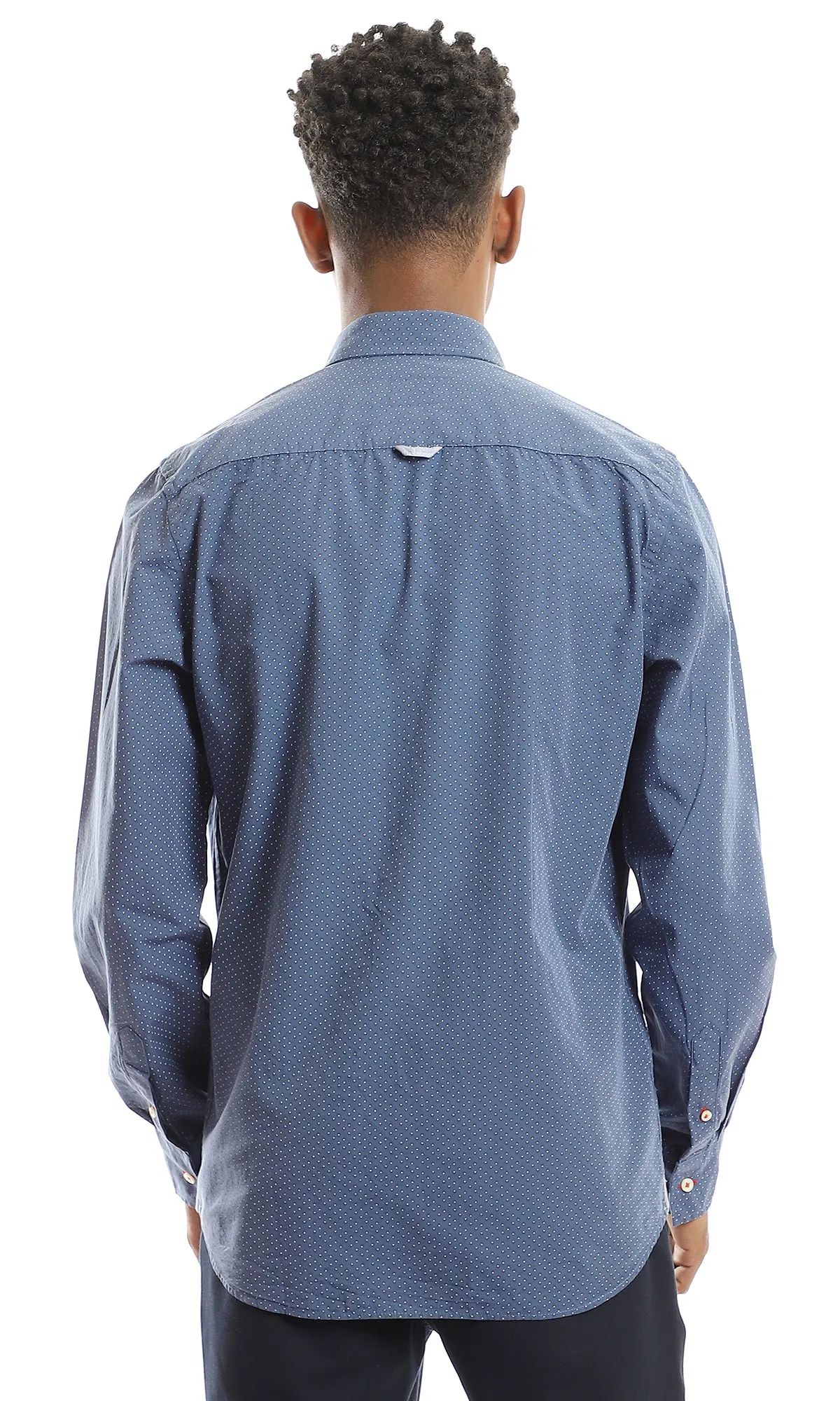 98174 Self Patterned Turn Down Collar Cotton Navy Blue Shirt