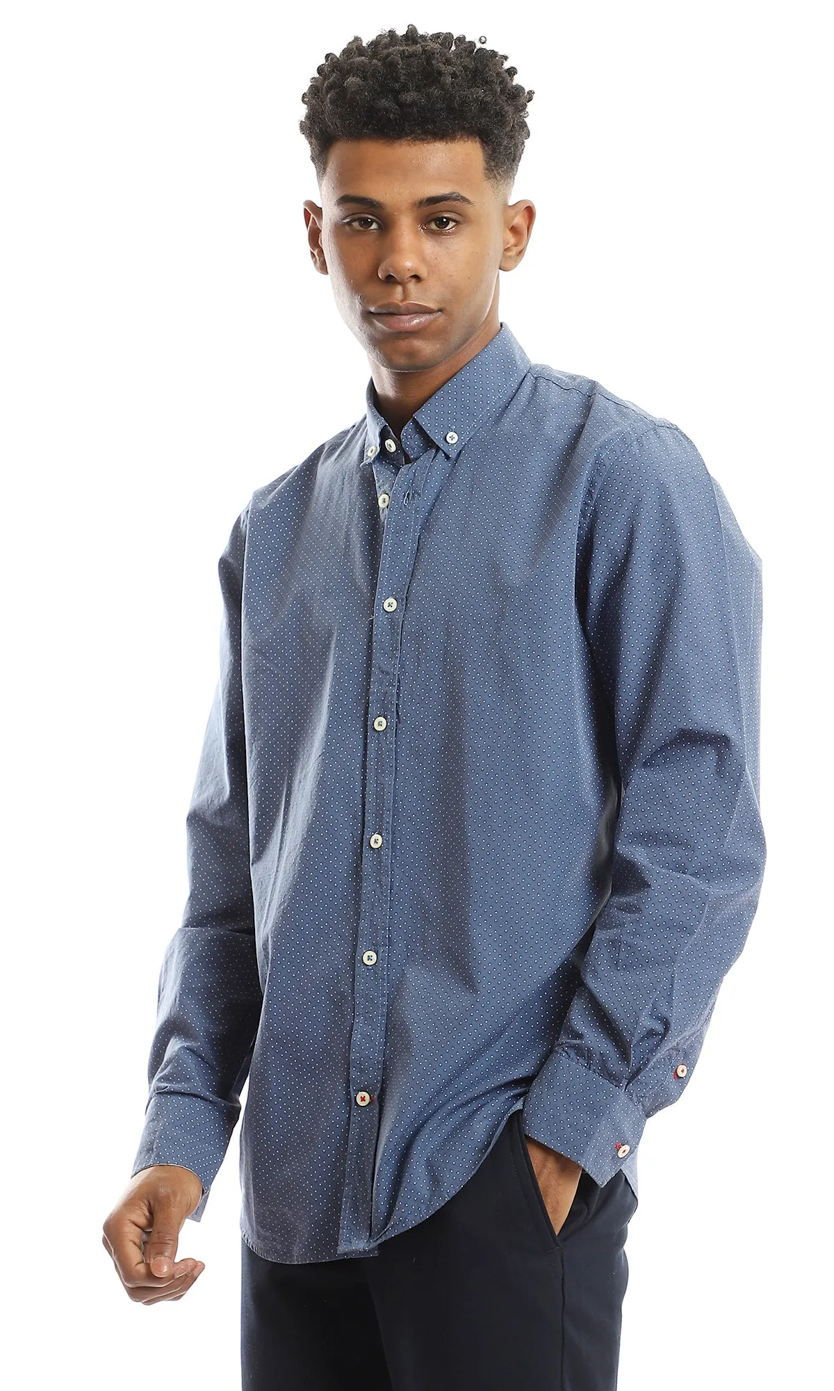 98174 Self Patterned Turn Down Collar Cotton Navy Blue Shirt