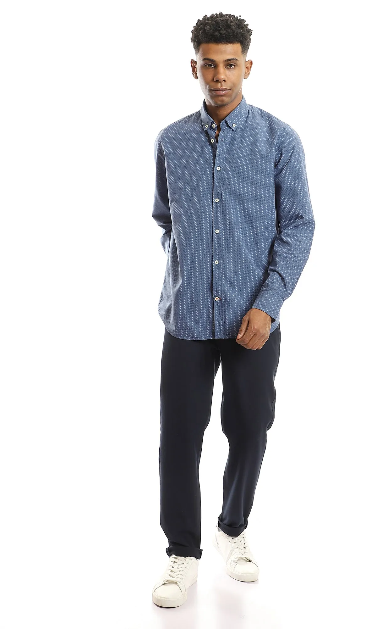 98174 Self Patterned Turn Down Collar Cotton Navy Blue Shirt