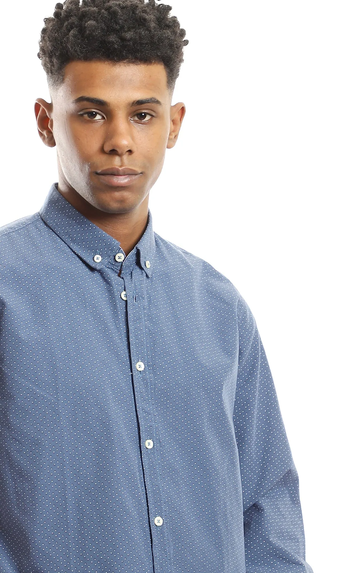 98174 Self Patterned Turn Down Collar Cotton Navy Blue Shirt