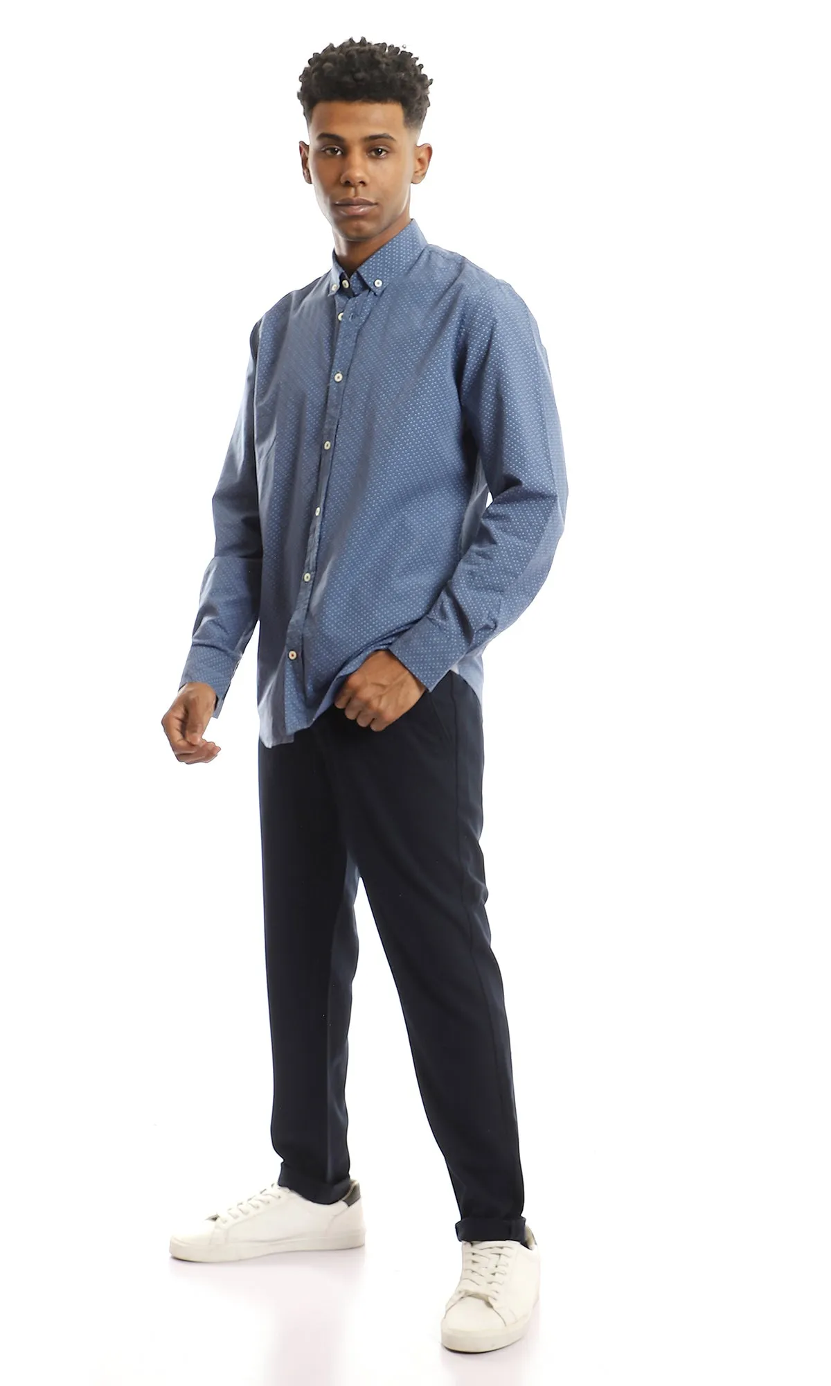 98174 Self Patterned Turn Down Collar Cotton Navy Blue Shirt
