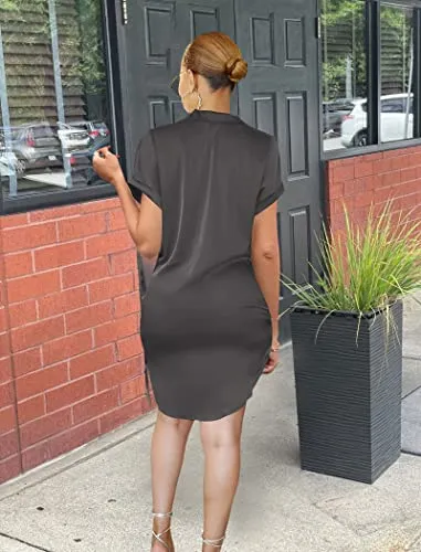 Button Down Ruched Asymmetric Mini Shirt Dress