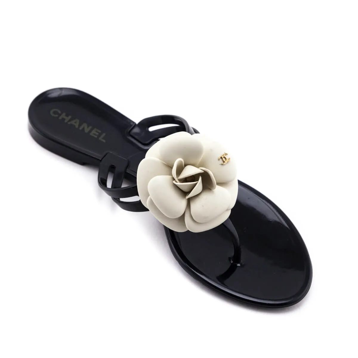 Chanel Black & Ivory Camellia Jelly Sandals Size US 8 | EU 38