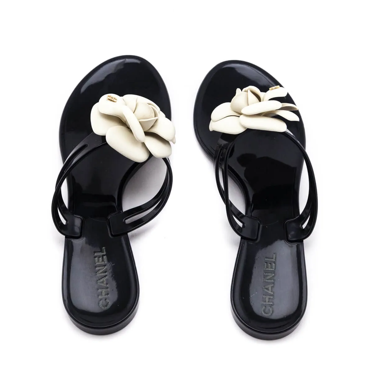 Chanel Black & Ivory Camellia Jelly Sandals Size US 8 | EU 38