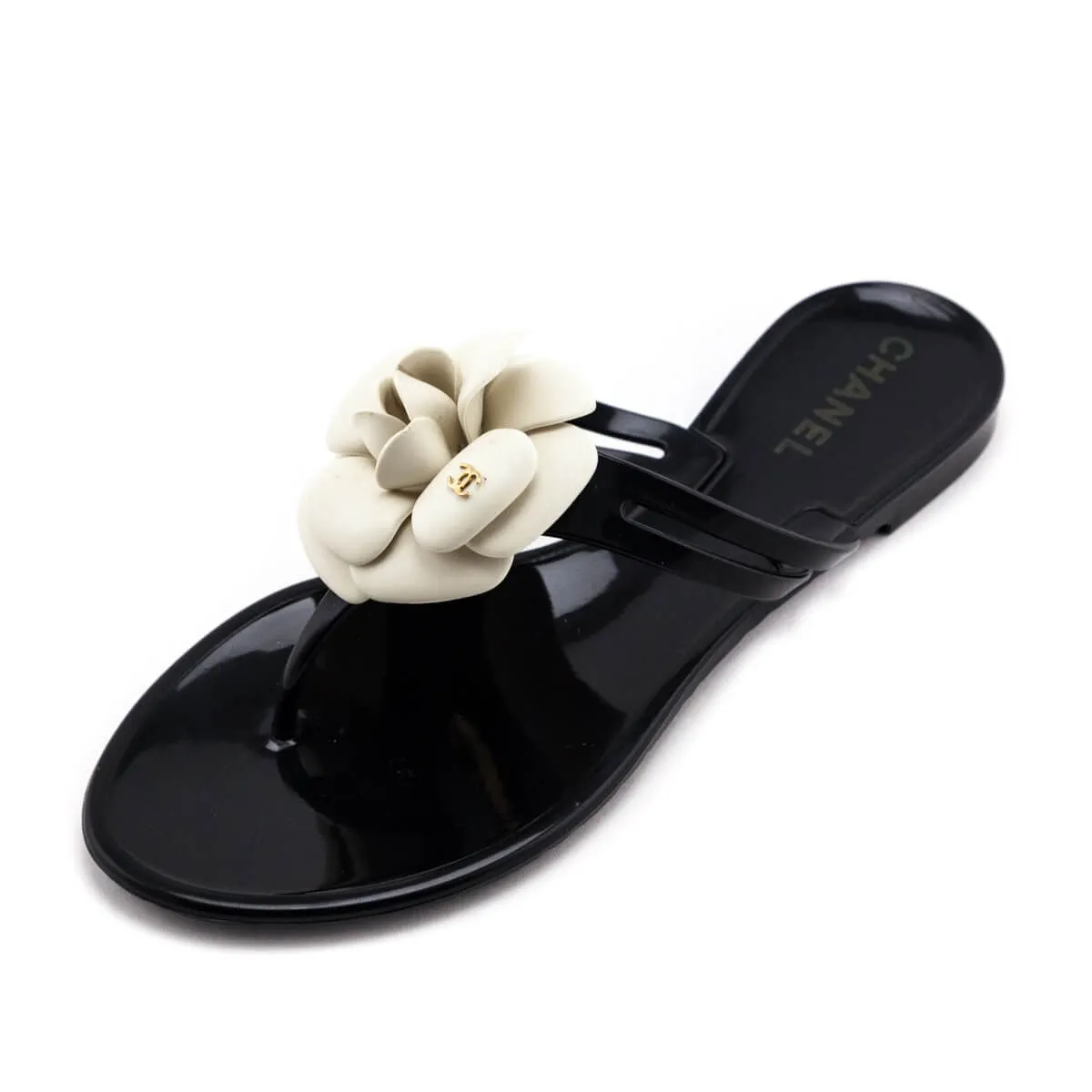 Chanel Black & Ivory Camellia Jelly Sandals Size US 8 | EU 38