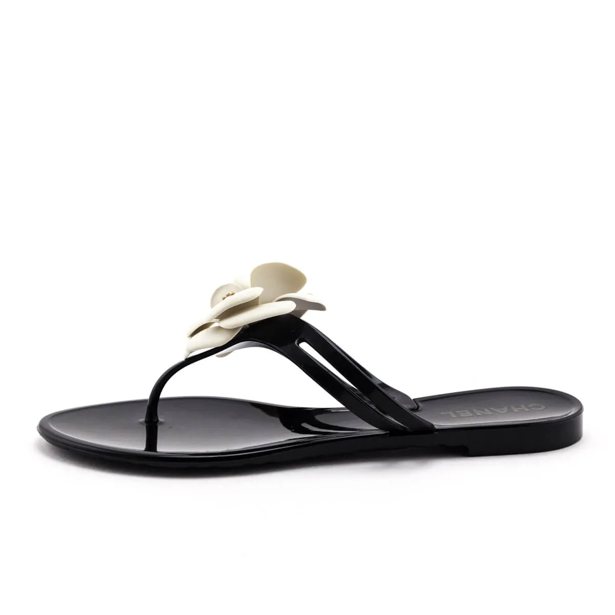 Chanel Black & Ivory Camellia Jelly Sandals Size US 8 | EU 38