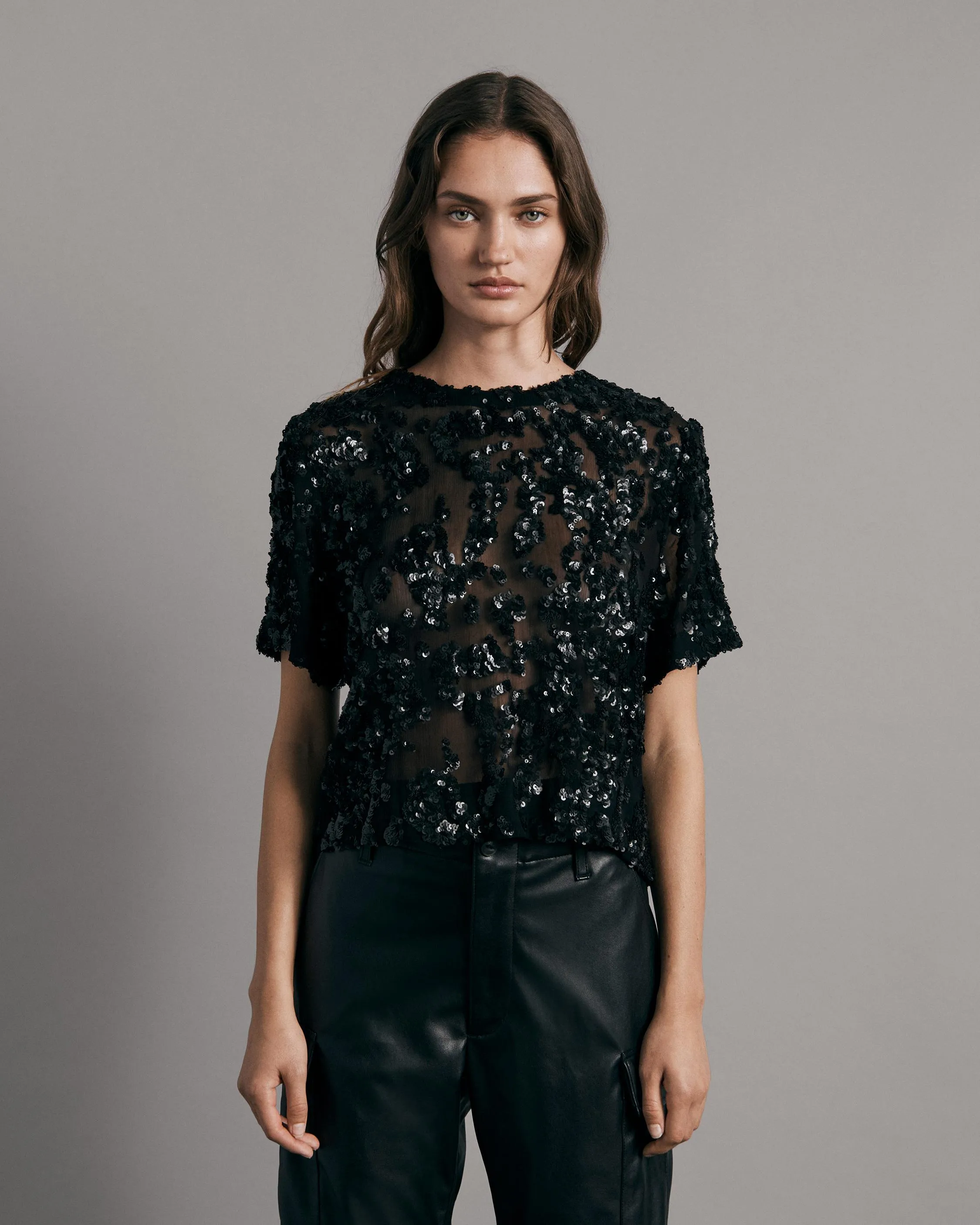 Gia Cropped Sequin Top Black