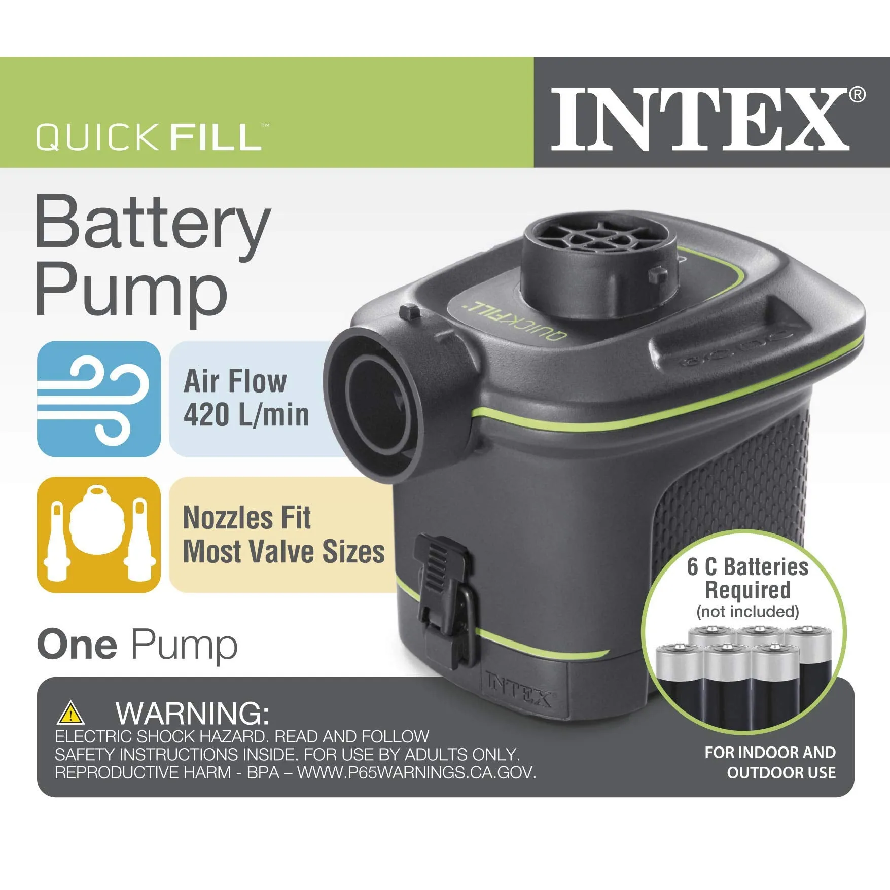 INTEX 66638E QuickFill Battery Pump: Inflates and Deflates Air Mattresses, Kayaks, Boats  Includes 3 Interrconnecting Nozzles  Sleek and Compact Design  420 L/Min Air Flow  Indoor and Outdoor Use
