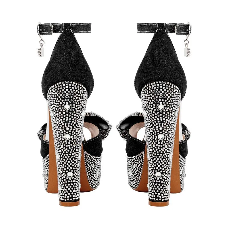 Rhinestone Platform Chunky Round Heels Ankle Strap Sandals