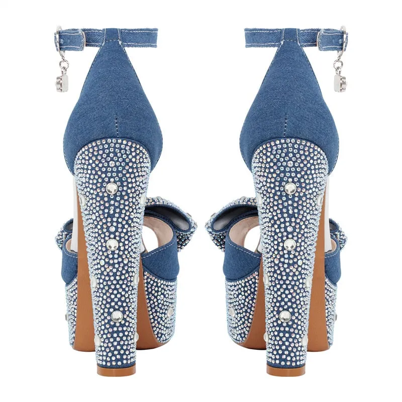 Rhinestone Platform Chunky Round Heels Ankle Strap Sandals