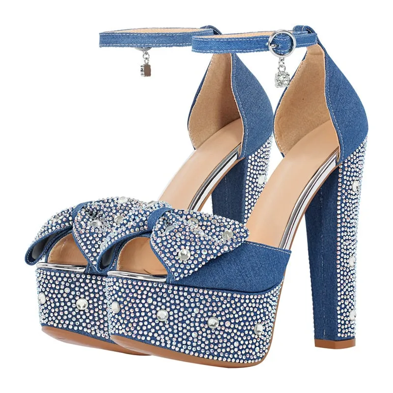 Rhinestone Platform Chunky Round Heels Ankle Strap Sandals