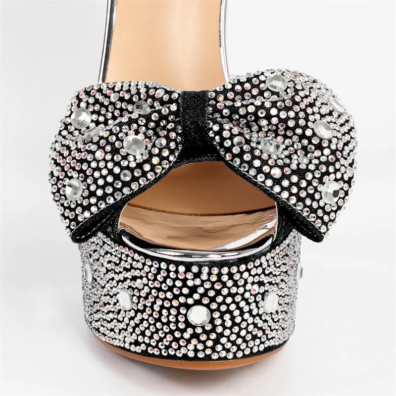 Rhinestone Platform Chunky Round Heels Ankle Strap Sandals