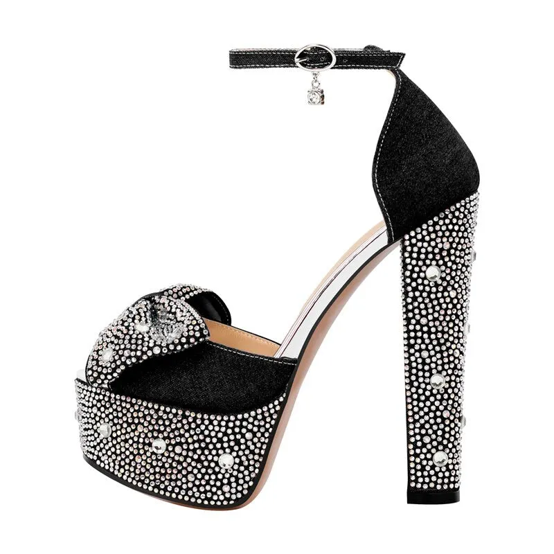 Rhinestone Platform Chunky Round Heels Ankle Strap Sandals