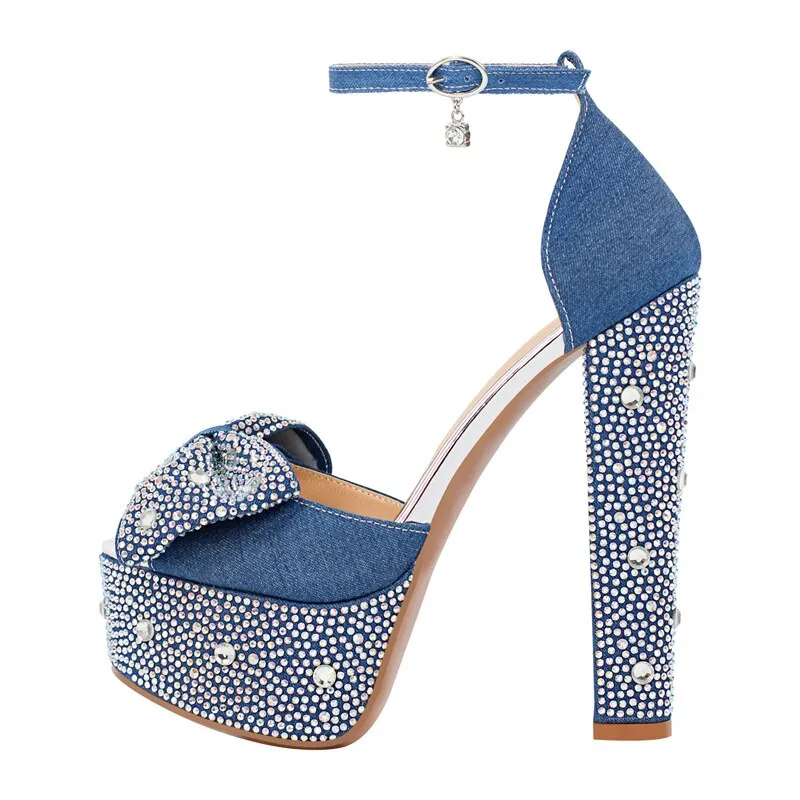 Rhinestone Platform Chunky Round Heels Ankle Strap Sandals