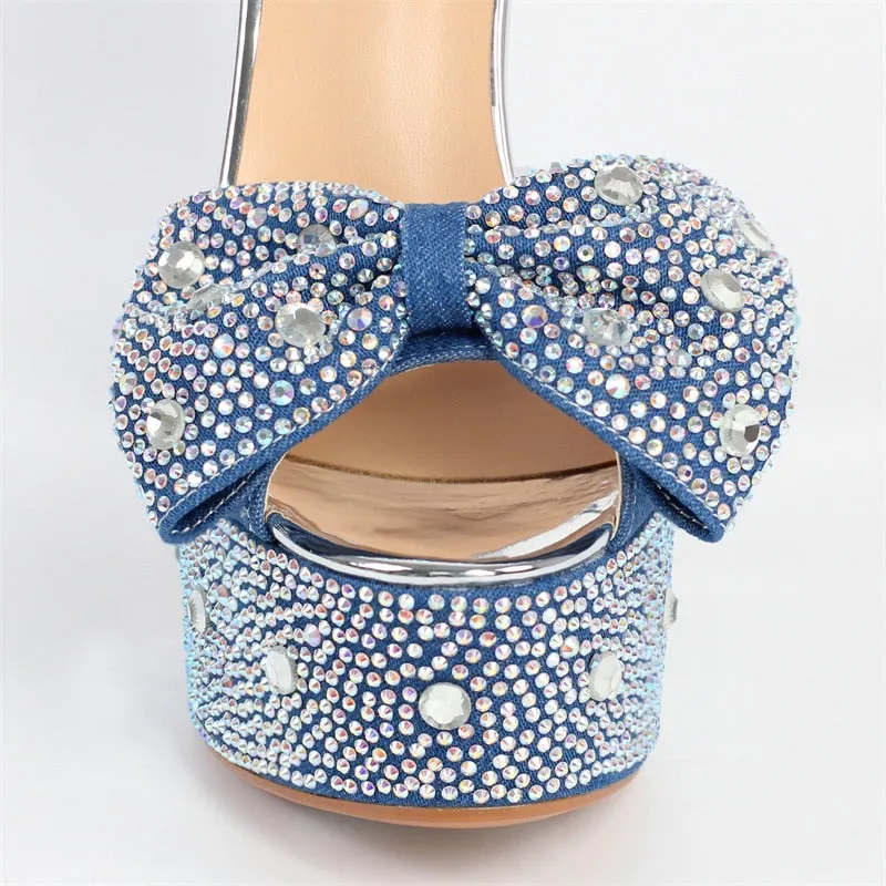 Rhinestone Platform Chunky Round Heels Ankle Strap Sandals