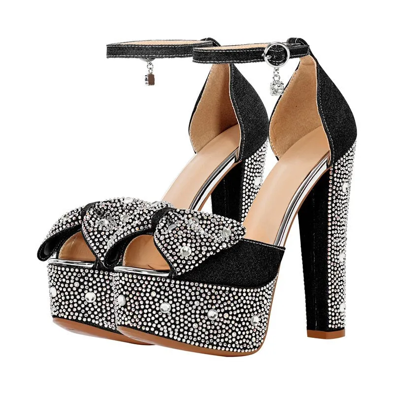 Rhinestone Platform Chunky Round Heels Ankle Strap Sandals