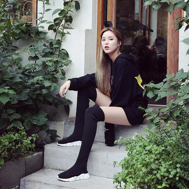 SHANTA Women Sock Boots 2019 New Stretch Fabric Shoes Slip On Over the Knee Boots Women Pumps Boots For Womens
