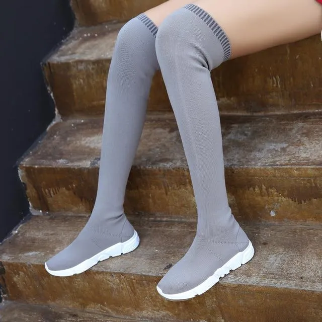 SHANTA Women Sock Boots 2019 New Stretch Fabric Shoes Slip On Over the Knee Boots Women Pumps Boots For Womens
