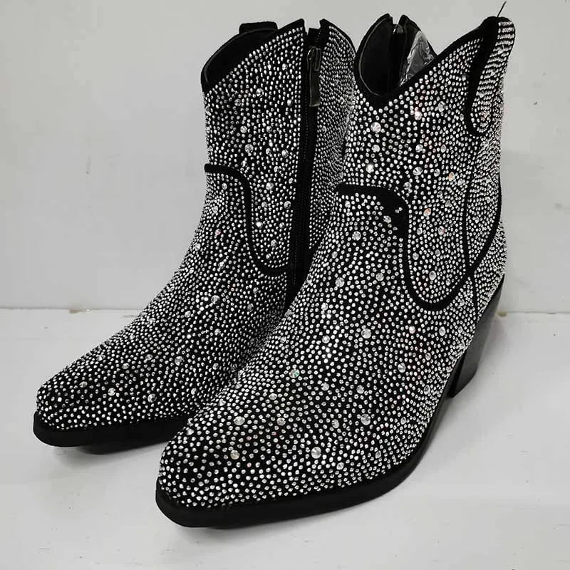 Short Sparkly Rhinestones Cowboy Cowgirl Style Boots Ankle Boots for Women