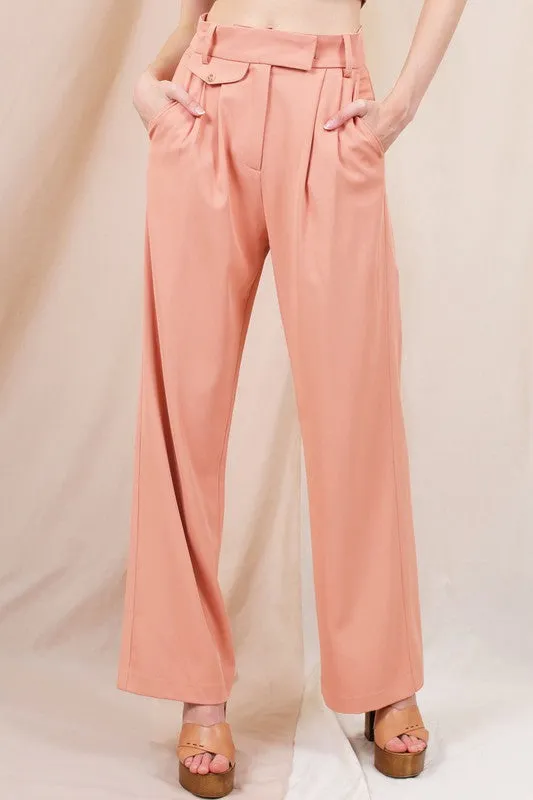 Tracy Hi Waisted Pleated Crepe Trousers - Peach Fuzz