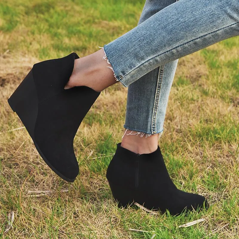 Women Winter Fashion Medium High Leopard Suede Wedge Boots