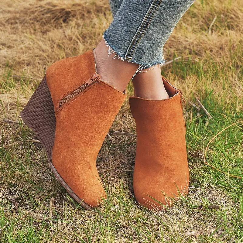 Women Winter Fashion Medium High Leopard Suede Wedge Boots