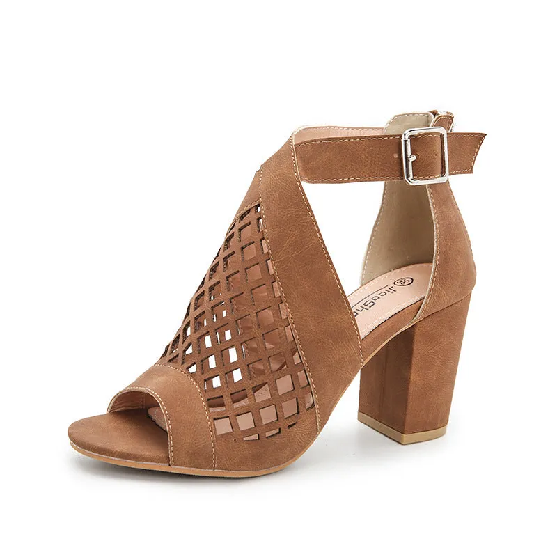 Women's Fish Mouth Sandals Hollow Chunky High Heels Shoes