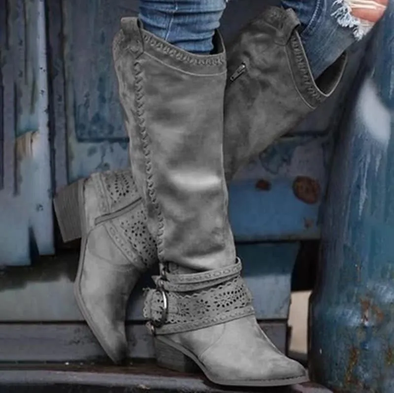 Women's knee high cowboy boots pointed toe square heel boots